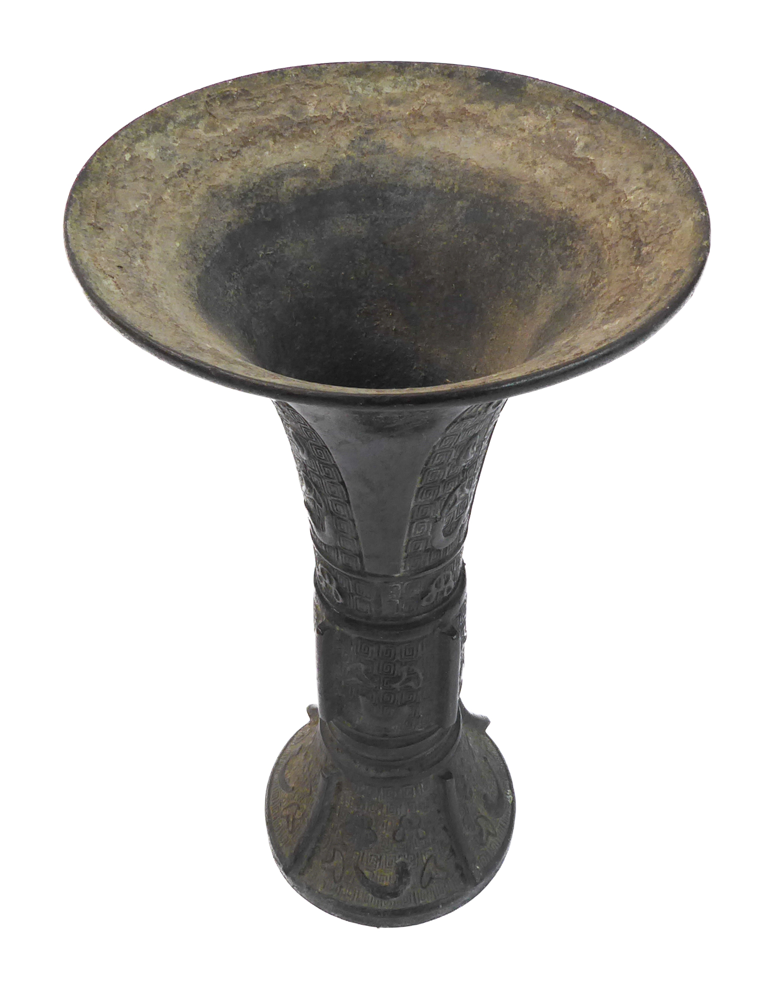 An Antique Chinese bronze Gu vase decorated in archaic style, the underside of base with later - Image 2 of 6
