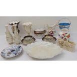 Thirteen ceramic pieces: a pair of early 19th century tea bowls and saucers, hand-decorated