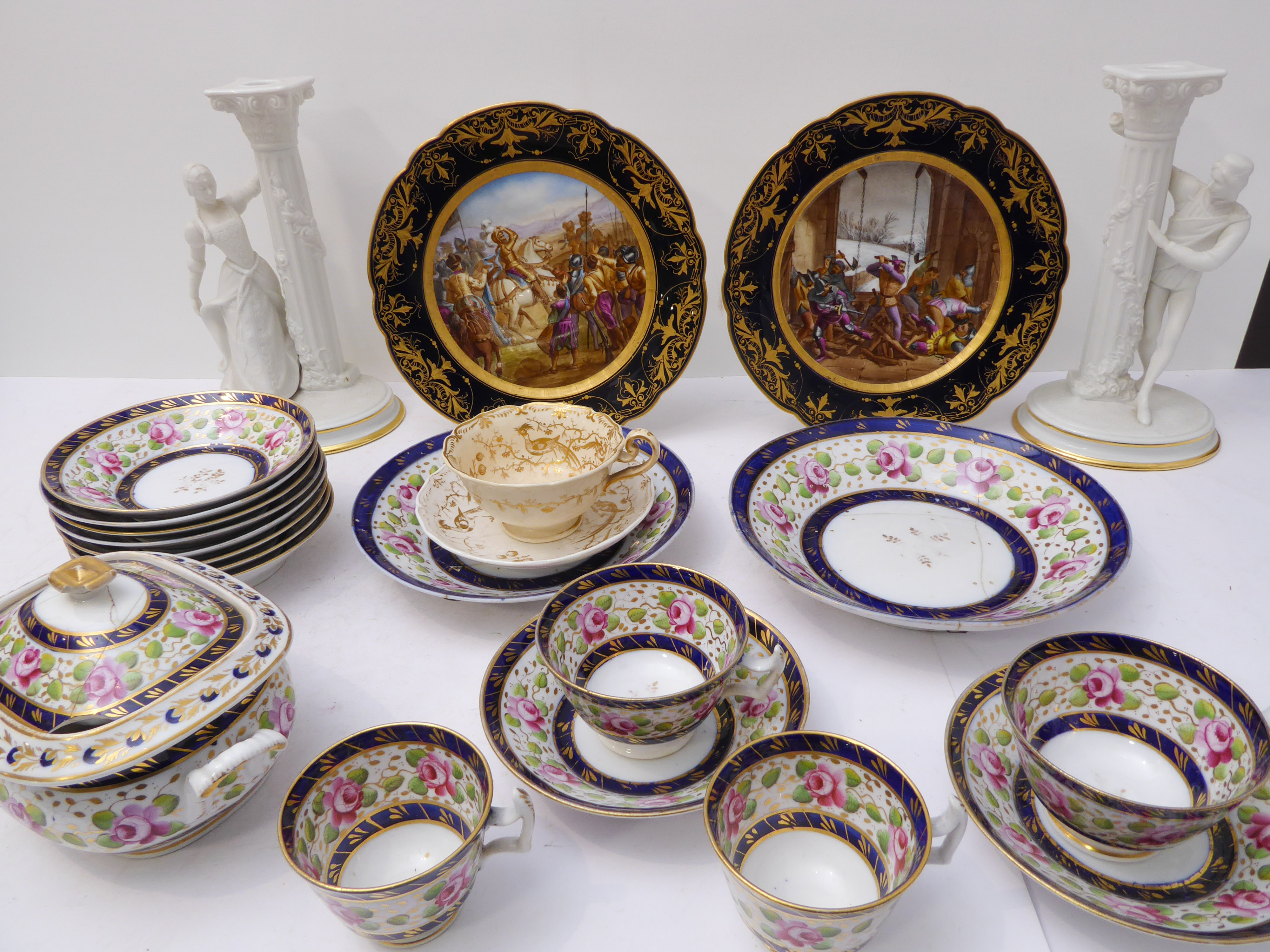 A collection of china and porcelain to include: a pair of French Sèvres-style cobalt-blue and gilt