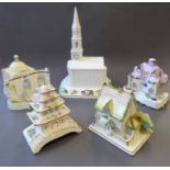 Five Coalport porcelain pastille burners  - 'The American Church', 'The Country Cottage', 'The