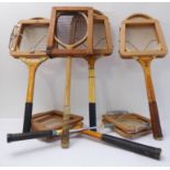 Six vintage racquets with presses, two squash (Grays and Gradidge) and four tennis (Slazenger,