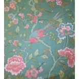 Two pairs of green cotton curtains with a pattern of flowers and birds in Chinoiserie style;