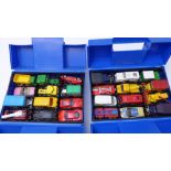 Two Matchbox Motorcity carry cases, each containing 24 (mostly Matchbox and Corgi) cars and vehicles