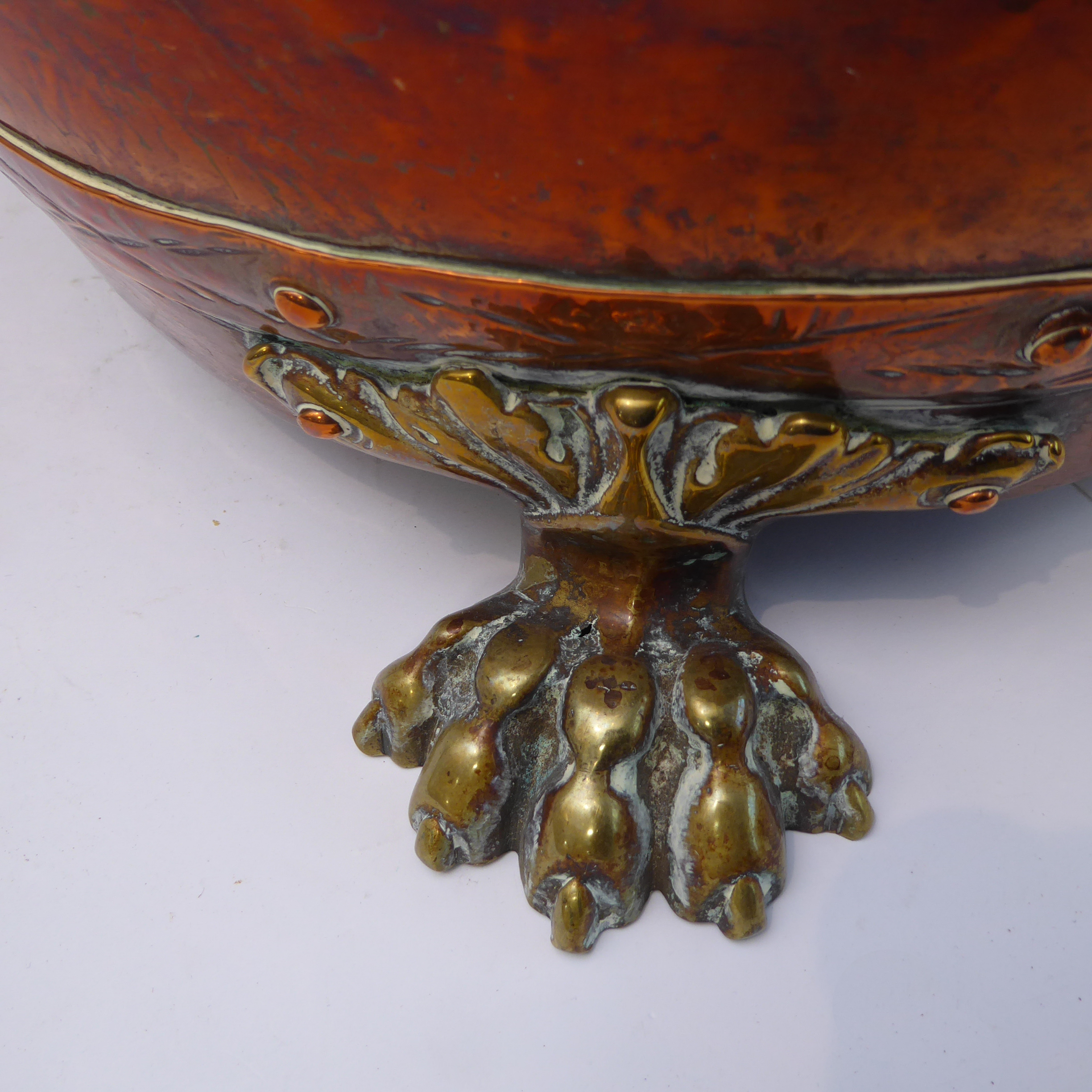 A 19th century circular copper log-bin with brass loop-handles and riveted copper borders, raised on - Image 3 of 5