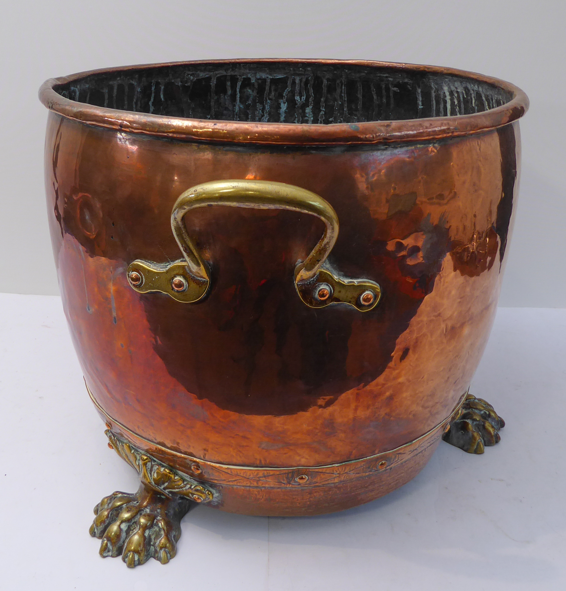 A 19th century circular copper log-bin with brass loop-handles and riveted copper borders, raised on - Image 2 of 5