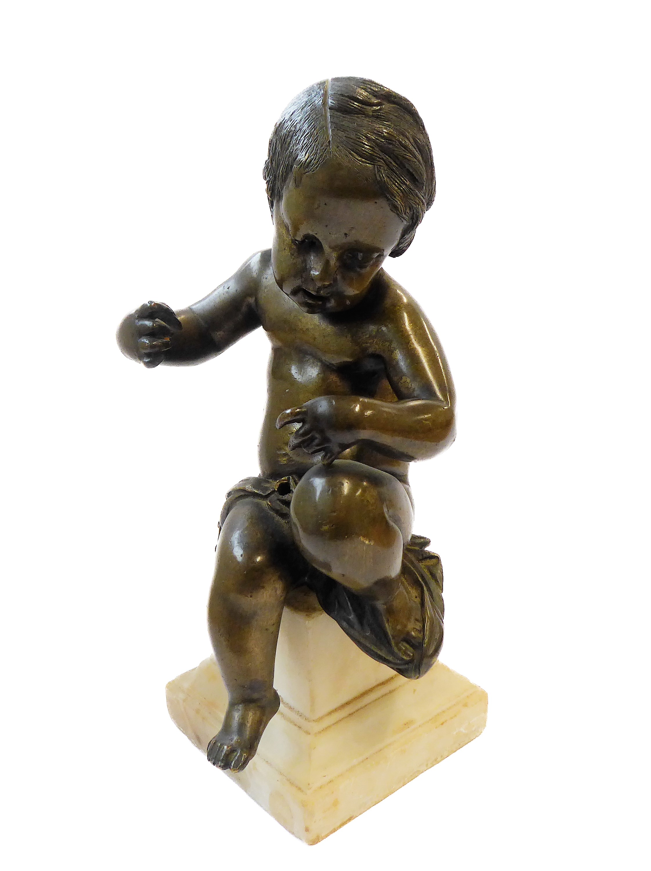 An antique classical bronze sculpture of a seated boy child on a square stepped alabaster base, - Image 2 of 3