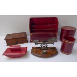 Four red Morocco leather-bound desk items, a wooden box and a set of antique postal scales