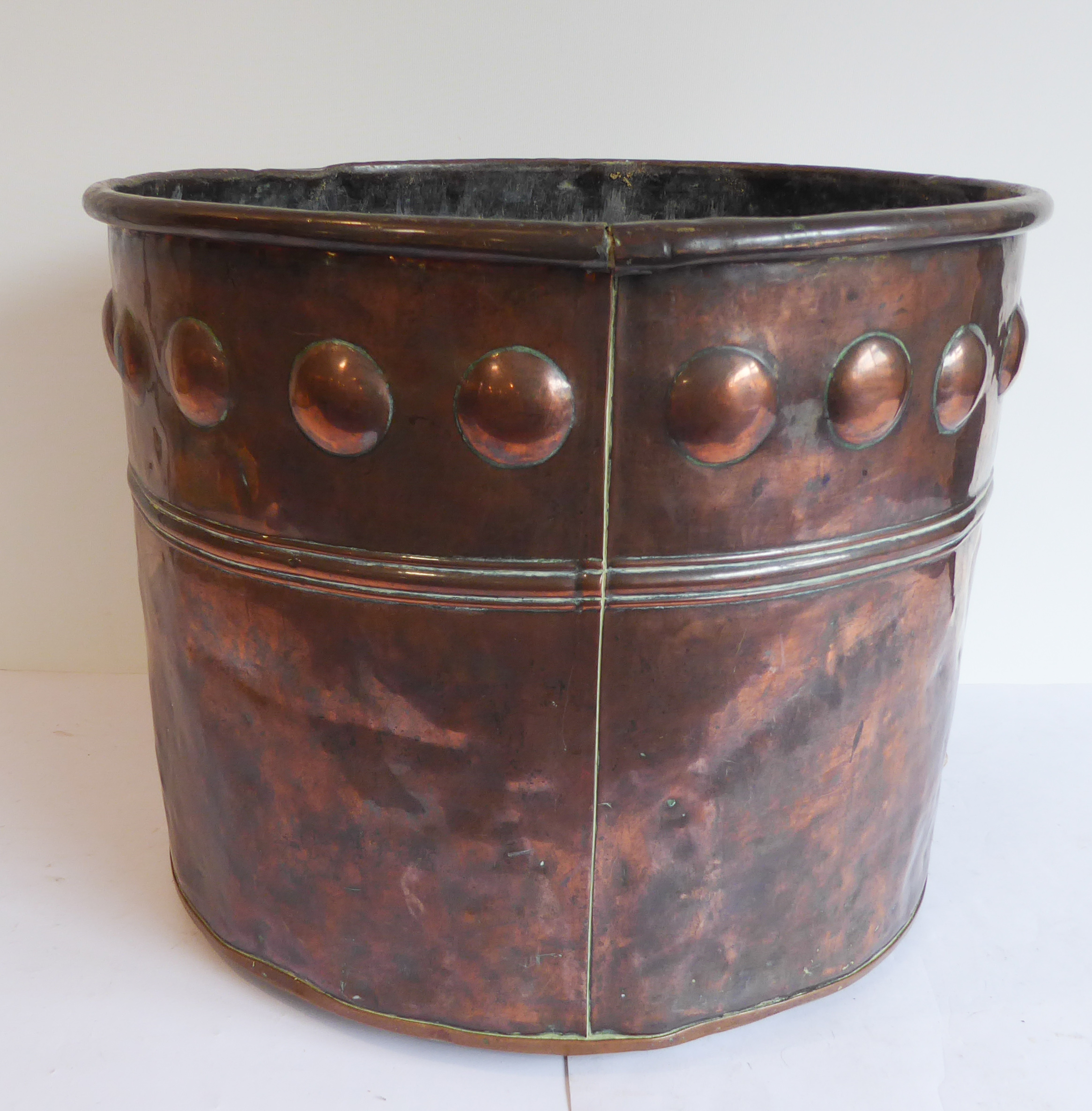 A large 19th century copper jam-pan with riveted loop-handles (15  x 48 cm) and an Arts and Crafts - Image 2 of 4