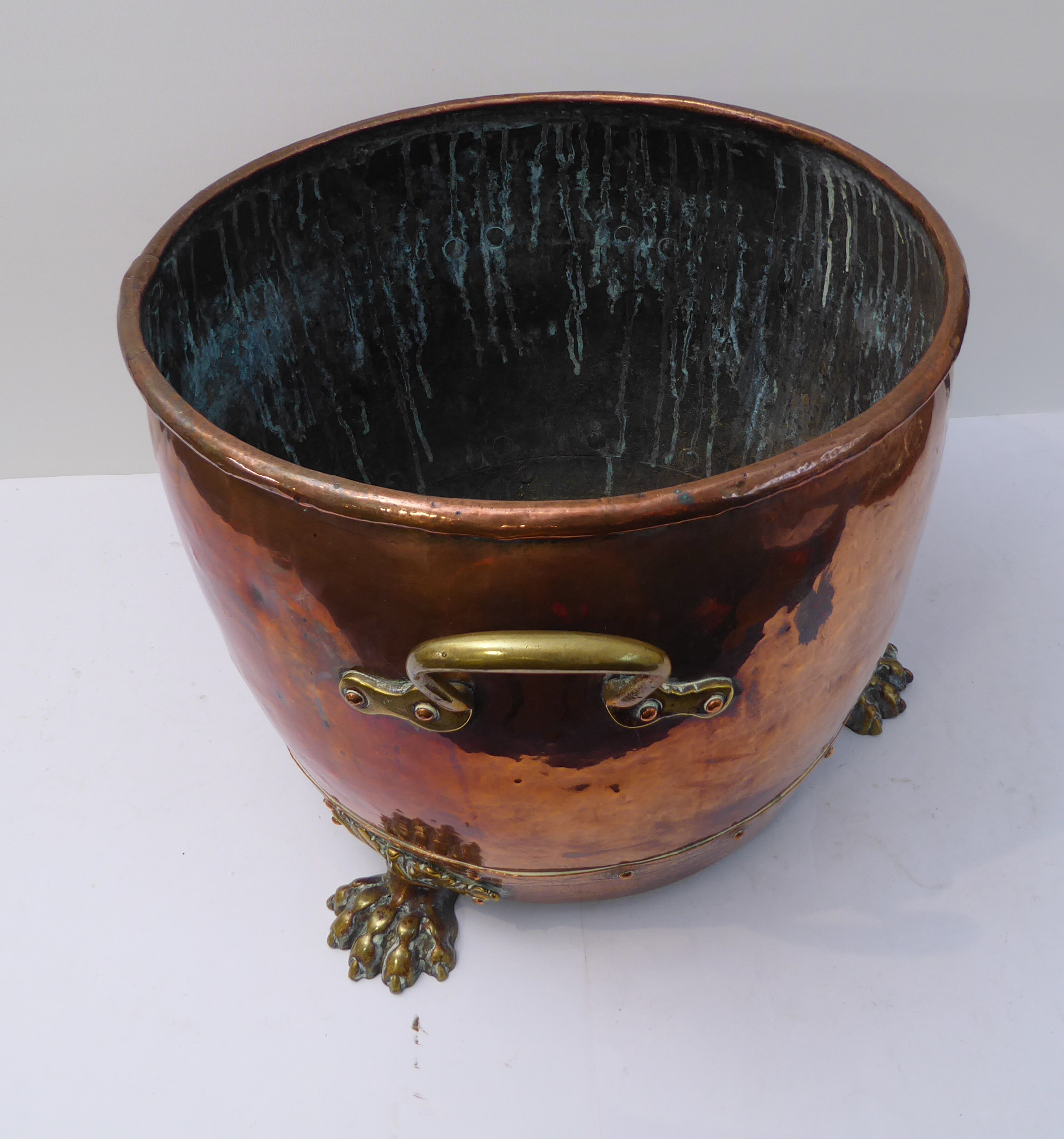 A 19th century circular copper log-bin with brass loop-handles and riveted copper borders, raised on - Image 4 of 5