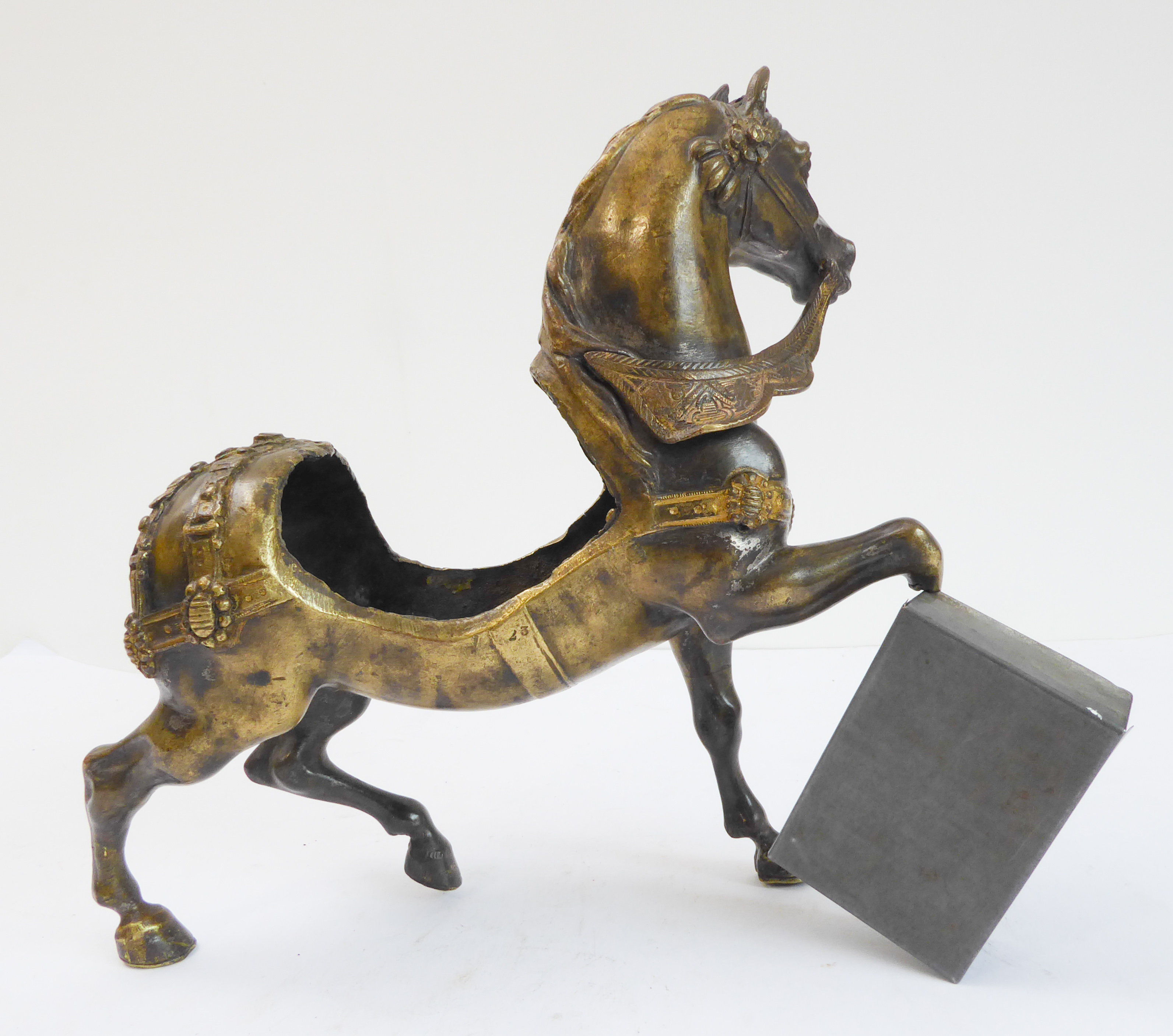A bronze sculpture of a horse with decorative cast harness and open saddle section (saddle, leg - Image 2 of 4