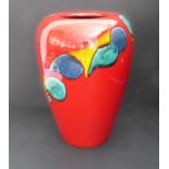 A large Poole Pottery 'Odyssey' concave vase in flambé glaze with green, blue and yellow enamel