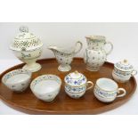 Eight pieces of late 18th century English pottery ceramics: a creamware server with ladle