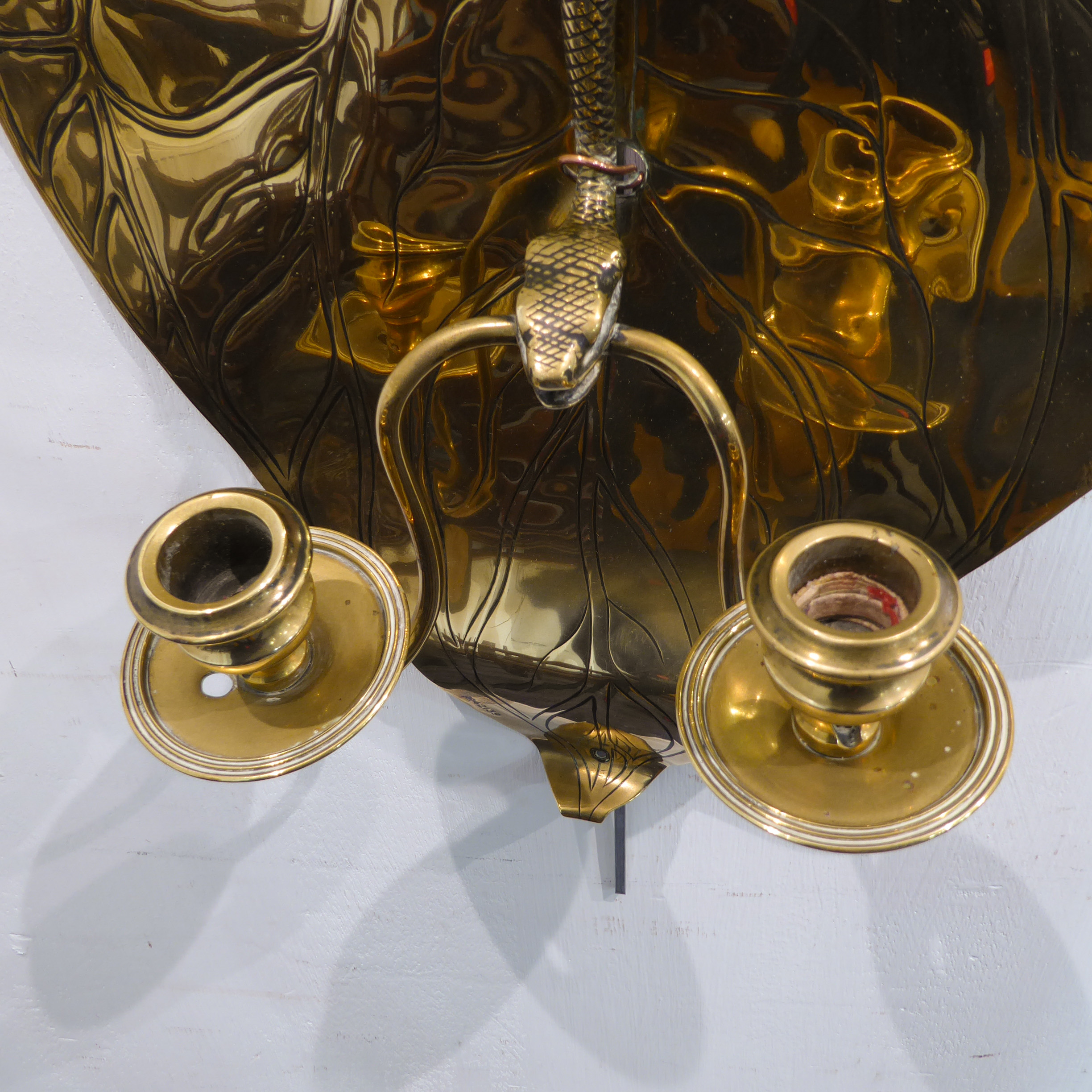 An unusual pair of late 19th century two-light brass wall sconces in Arts and Crafts style: each - Image 6 of 12