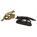 A 19th century patinated bronze of a prowling fox (8 cm high) and a similar gilt-metal model of a