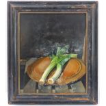 DICCON SWAN (British, b. 1947): a cushion framed oil on artist's board still life study of two leeks