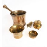 A selection of metalware to include: a heavy bronze pestle and mortar (17th/18th century) (12.75cm