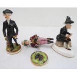 Three 19th century Derby figures:  gentleman in top hat and striped trousers (away from the base);