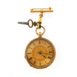 A Swiss gold-cased key-wind open-faced pocket watch: the circular dial with black Roman numerals and