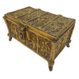 A late 19th French century Gothic Revival cast-brass casket decorated with medieval figures within