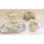 A 19th century Spode stone china oval sauce tureen, rectangular stand and plate (3); Regency Meissen