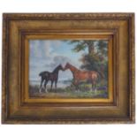 In the manner of Thomas Percy Earl (British, 1874 - 1947) Bay Mare and Foal in landscape Oil on