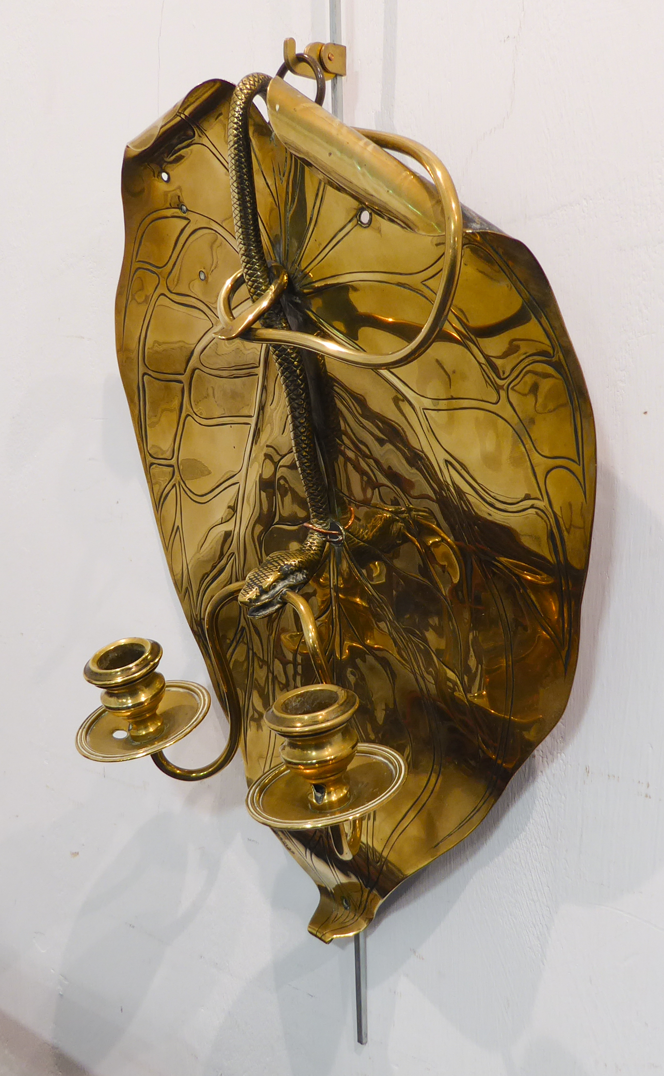 An unusual pair of late 19th century two-light brass wall sconces in Arts and Crafts style: each - Image 4 of 12