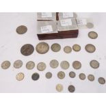 A small wooden box containing silver coins: World - 1925 Liberty dollar and 1933 20 franc; Australia