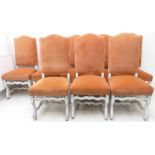 A set of eight dining chairs: orange Draylon upholstery and the shaped wooden legs/ stretchers in