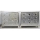 A pair of modern designer silver-coloured three-drawer chests with geometric fronts and on short