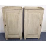 An opposing pair of painted Scandinavian pine side cabinets; each with three-quarter galleried top