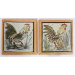 A pair of Colin Kellam (Totnes, Devon) teapot stands: hand-painted and glazed with cockerel