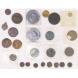 A small selection of coinage to include two 'cartwheel' tuppences, tokens and Roman