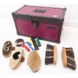 A 4-division Equine Lockers grooming box (56 x 32  x 31 cm) and its contents: three body brushes (