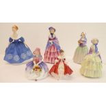 Six Royal Doulton figures: 'Nina' H.N. 2347; 'A Victorian Lady' H.N. 1728;  'Biddy' H.N. 1445;  '