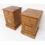 A pair of modern opposing stained pine bedside-style cabinets: each with a single drawer and fielded