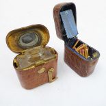 Five early 20th century leather cases: a hand-stitched brown leather half-moon case by A.