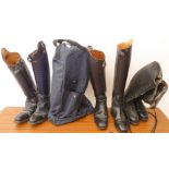 Three pairs of dressage boots: black leather; navy-blue crocodile-effect leather; thermally-lined