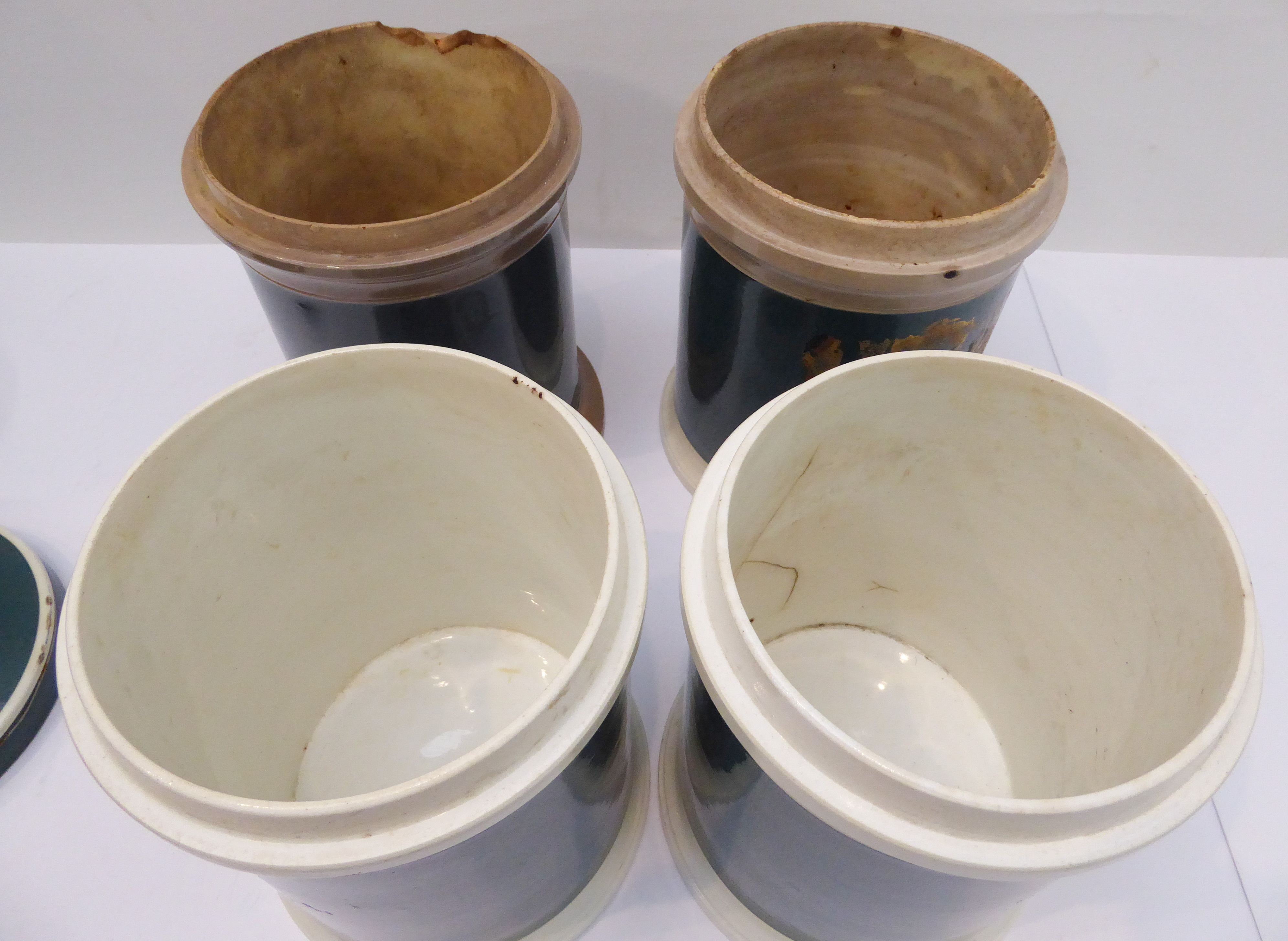 Four Victorian pottery drug jars with lids (28 cm high including lids) - Image 2 of 3