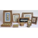 Six easel framed Indian gouache paintings and four corresponding covered trinket boxes, mostly