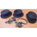 Five pairs of lady's spurs and three dressage top hats (size 7, size 6 7/8 by Christy's and a