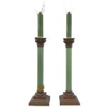 A pair of green glass and patinated brass lamps as Corinthian columns (76.5 cm high, not incl.