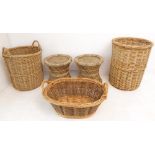 Wickerwork to include two waisted stools, a two-handled oval basket and two other baskets (5)