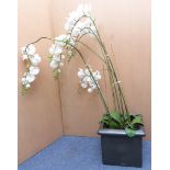 A modern square ceramic planter with grey mottled glaze, together with artificial orchid (38cm