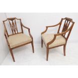 A pair of late 18th century mahogany open armchairs in Sheraton style: pierced splat, stuffover