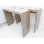 A pair of modern designer side/console tables painted in light grey (100cm long x 33cm deep x 78.5cm