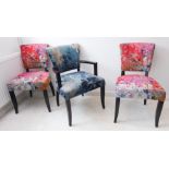 A pair of modern chairs and a matching open armchair: square tapering ebonised front legs, the
