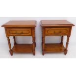 A pair of modern cherrywood bedside-style tables: each with thumbnail moulded top above single