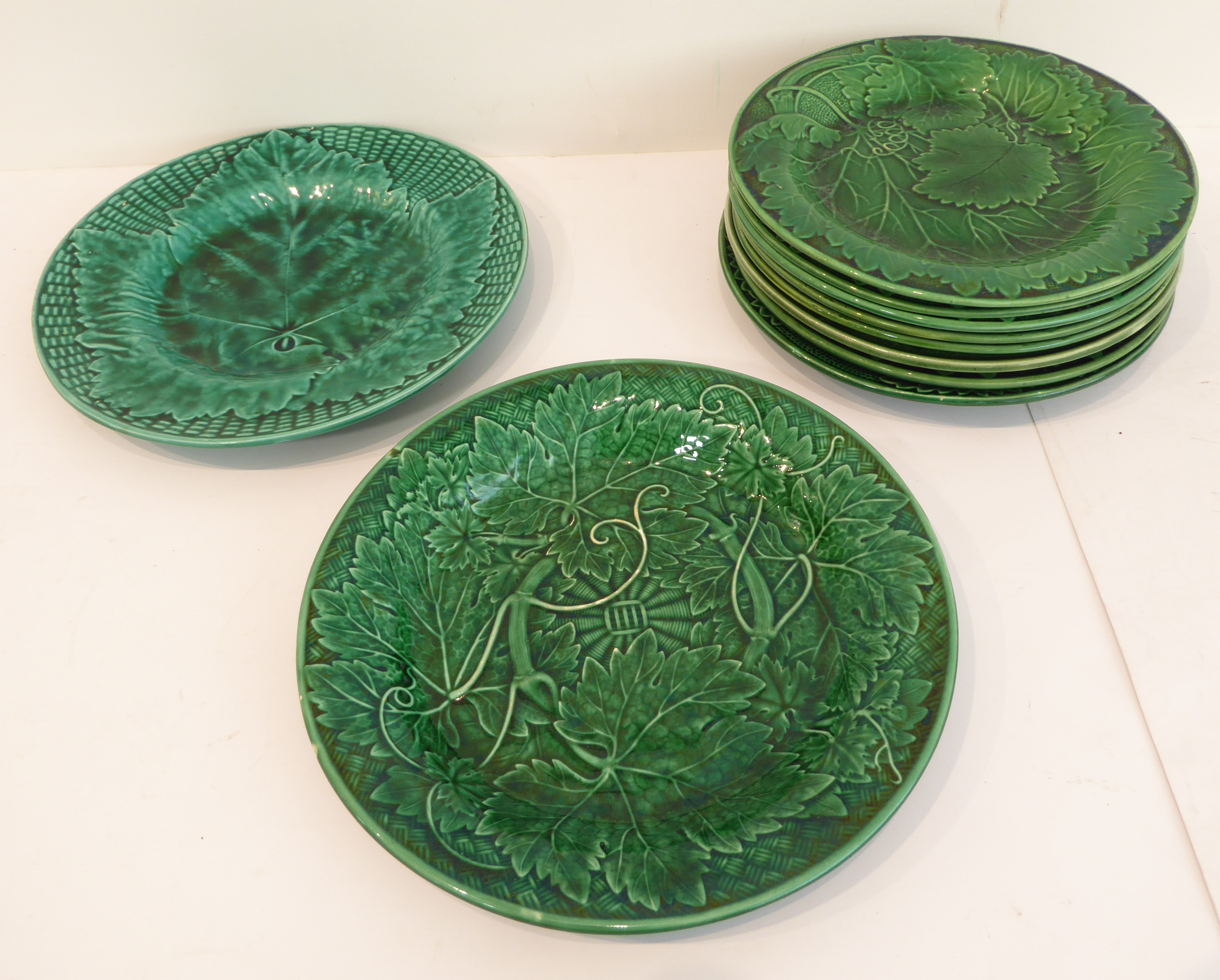 Nine 19th century green vine leaf majolica plates (19 cm) and a Wedgwood green vine leaf bowl with - Image 2 of 2