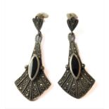 A pair of silver and black polished stone mounted earrings in high Art Deco style (boxed)