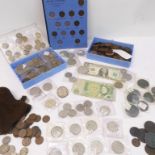 Interesting coins and related to include: a selection of mostly mid 20th century pennies, a